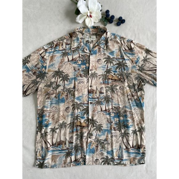 Island Shores Mens XL Hawaiian Shirt With Tropical Palm & Sailboat Print Y2K - Picture 1 of 8